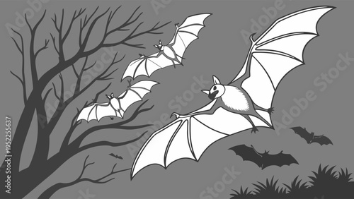 Spooky Bats Flying Out of Dark Haunted Tree Silhouette for Halloween Night Flyers and Holiday Promotions