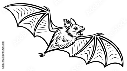Black and White Flying Bat Spooky Halloween Icon for Horror Websites or Autumn Holiday Design Projects
