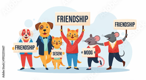 Diverse animal friends holding 'friendship' signs in colorful outfits on white background