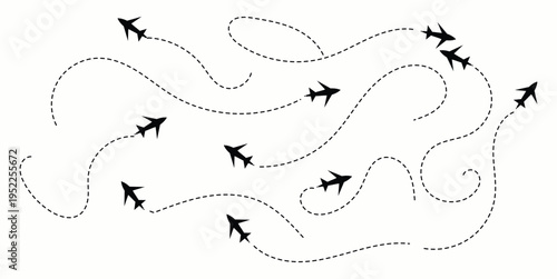  Airplane route with dotted flight path. Airplane flight path icon, plane with dashed line route and aviation vector illustration. 