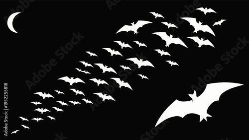Night Sky Swarm of White Bats Flying Towards Crescent Moon for Halloween Party Flyer Design or Spooky Web Background