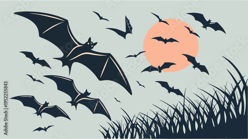 Spooky Bats Swarm Dark Sky Near Orange Moon Silhouette for Halloween Holiday Flyers and Spooky Web Design Projects