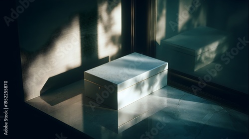 a white square box placed on a reflective surface next to a wooden cabinet with two drawers