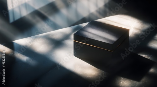 a dark blue briefcase placed on a patterned surface with a sunbeam cast upon it, creating an interpl