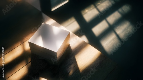 a room with a focus on a small white box placed on a wooden surface next to a window with sunlight s