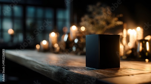 a dark, moody room where an intricately designed black cube sits in the center of a wooden surface
