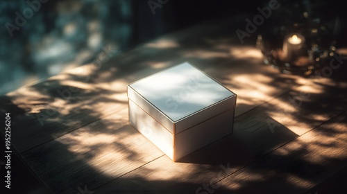 a small, square box with a lid sits prominently on a wooden table, casting a soft light