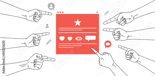 social media post concept illustration, hands pointing at online content, digital feedback likes comments engagement marketing design