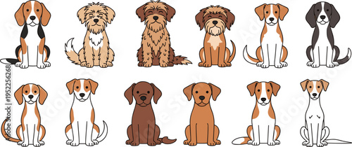 Diverse Dog Breed Illustration Set with Various Cute Puppies including Beagle Terrier and Retriever in Sitting Poses for Pet Care Branding and Animal Character Vector Graphics