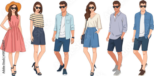  Flat vector illustration of stylish summer outfits, men and women casual clothing, dresses, shirts, skirts, shorts, sunglasses, trendy fashion