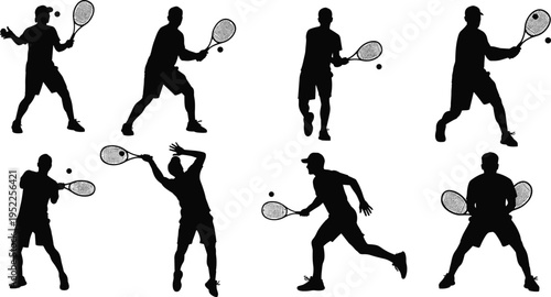 Flat vector illustration of tennis players silhouettes in action poses, serving, hitting, returning shots, sports training, competition, athletic performance