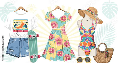  Flat vector illustration of trendy summer fashion outfits, floral dress, swimsuit with straw hat, denim shorts, skateboard, tropical accessories