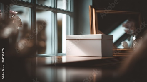 a tranquil indoor setting featuring a small white box centrally placed on a surface