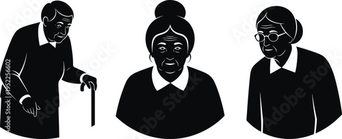  Elderly people illustration, senior citizens, aging population, healthcare concept, retirement artwork, black outline design, flat vector graphic