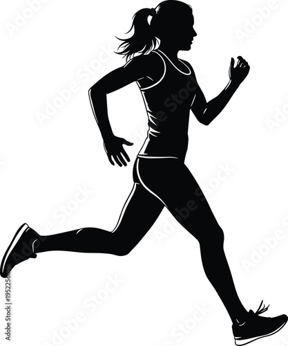  female runner silhouette, woman running side view, athletic jogging woman, fitness training concept, active healthy lifestyle, sports workout, cardio exercise, flat vector illustration