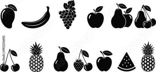 fruit icon set silhouette collection, healthy food symbols including apple banana grapes cherry pineapple strawberry watermelon vector design