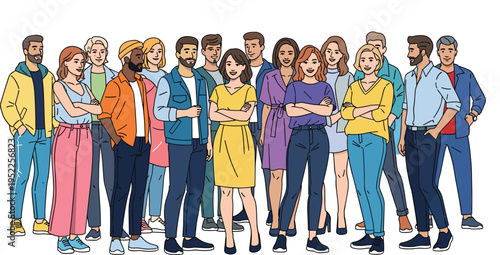  Flat vector illustration of diverse group people, community unity, teamwork, casual clothing, social interaction, multicultural friends, posed together