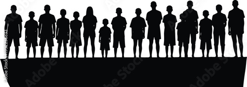  Flat vector illustration of diverse group silhouettes, people standing together, community unity, teamwork concept, population study, human figures art