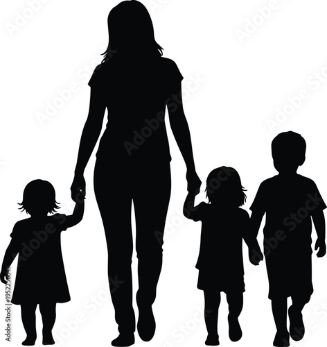  Flat vector illustration of family silhouette, parent walking with children, caregiving, togetherness, protection, parenting, childhood, bonding, love, support