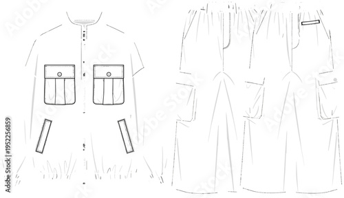  Flat vector illustration of fashion technical sketch, short sleeve jacket, cargo shorts, garment design, apparel construction, clothing pattern, textile industry