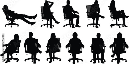 Business people sitting silhouettes collection, men and women in office chairs isolated on white background vector illustration