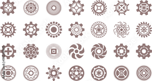 Abstract mechanical gear icons set, industrial cogwheel symbols collection, engineering technology shapes for machinery interface design vector illustration isolated blue