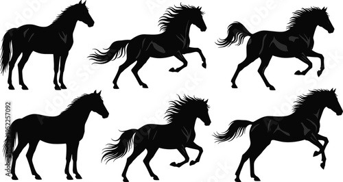 Black horse silhouettes set, running and standing stallion vector illustrations isolated on white background for logo and design