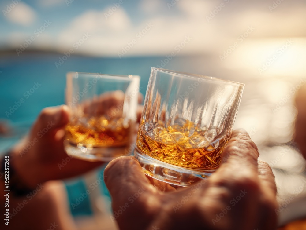 Obraz premium Luxury Lifestyle Celebration: Toasting with Whiskey Glasses Against a Beautiful Ocean Backdrop, Representing Success and Relaxation