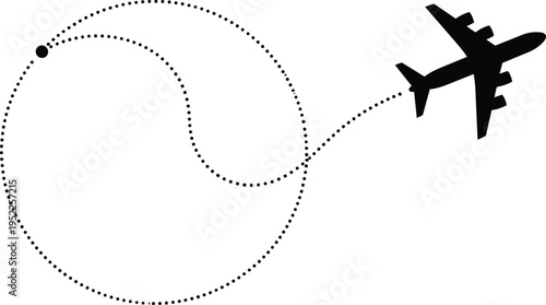 airplane flight route dotted line illustration, travel journey path concept, aviation navigation track with plane silhouette icon