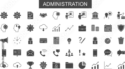 Administration icons, business symbols, office tools, management visuals, strategy graphics, finance elements, communication signs, security icons, planning, productivity