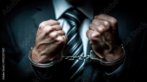 Wallpaper Mural Businessman in suit with hands in handcuffs depicting corporate crime and financial fraud consequences Torontodigital.ca