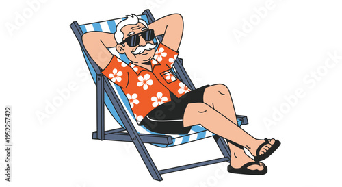 Relaxing senior man lounges in a deck chair enjoying the sunshine