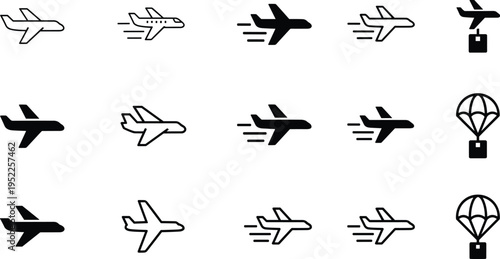 Airplane icon set, parachute delivery symbols, aviation logistics graphics, air transport silhouettes, cargo drop illustrations, flight motion elements, vector pack