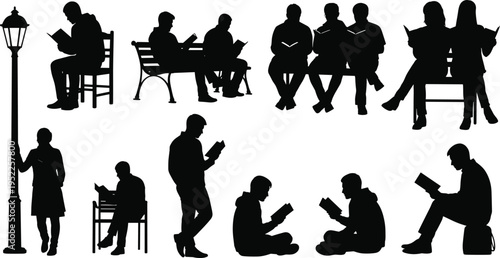  Flat vector illustration, people reading silhouettes, educational activity artwork, communal learning design, black figures template, creative study poses, literature concept illustration