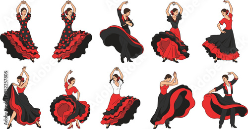Flamenco Dance Vector Set Featuring Spanish Dancers in Traditional Red and Black Dresses with Passionate Poses and Cultural Performance Illustration