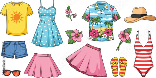  Flat vector illustration, summer clothing collection, tropical vacation outfit, beachwear accessories design, colorful casual fashion, floral Hawaiian shirt, straw hat artwork