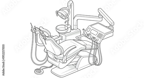 Illustration of a modern dental chair and associated equipment setup