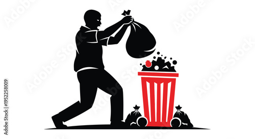 Person dumping trash into a red waste bin vector illustration