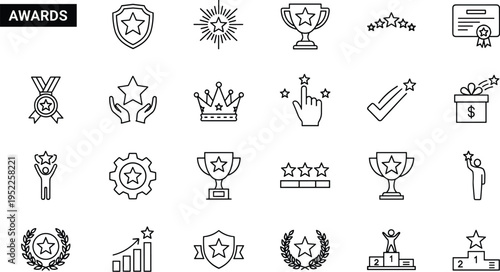 Award icons collection, trophy symbols, star badges, achievement illustrations, winner elements set, line art awards, recognition graphics for success themes