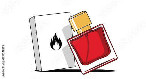 Stylized illustration of a perfume bottle and a flame design