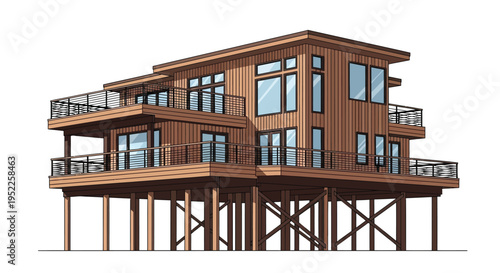 Illustration of a modern two story house elevated on wooden pilings
