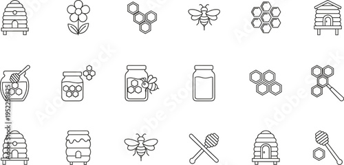 Bee, honey, beekeeping, hive, honeycomb, pollination, apiary, flower, insect, nature, organic, sweet, wax, jar, dipper, nectar, farming, agriculture, environment, icon