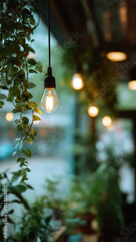 Serene cafe setting featuring glowing Edison bulbs and lush green plants, creating a warm and inviting atmosphere.