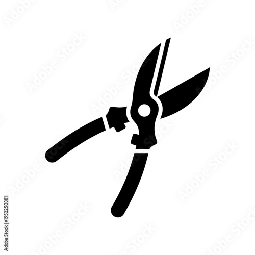 A stark black graphic depicts gardening shears showcasing a minimalist design and sharp blades silhouette