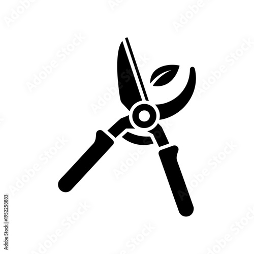 A black silhouette of gardening shears with a single leaf representing horticulture and landscape design silhouette