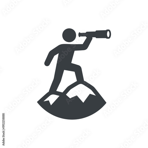 Man with telescope vector. mountain lookout icon, exploration adventure illustration.