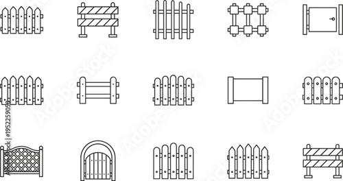 Blue line fence and gate icon set, picket, lattice, barricade, security, boundary, decorative vector illustrations, isolated