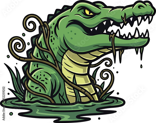 A happy green cartoon crocodile character with a big smile, featuring a cute vector illustration design of a funny reptile alligator for a fun wildlife nature drawing