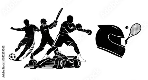 A dynamic sports collage featuring racing cricket soccer and boxing silhouette on transparent background