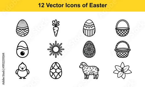 Collection of twelve distinct black and white vector icons representing easter symbols and motifs